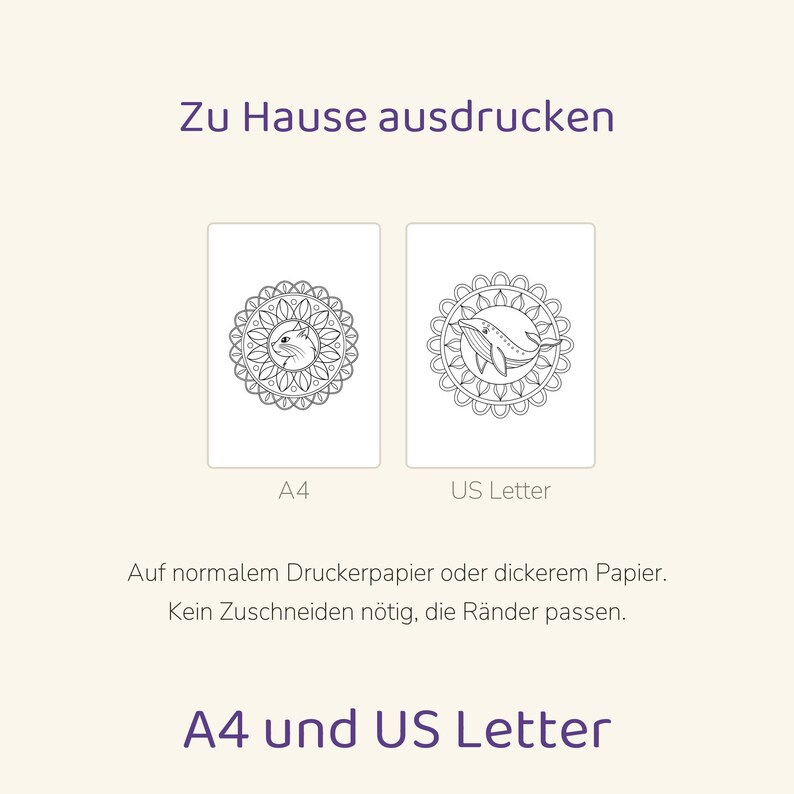 May include: Two printable coloring pages featuring a cat and a whale inside circular mandala patterns. The text reads Zu Hause ausdrucken, A4, US Letter, Auf normalem Druckerpapier oder dickerem Papier. Kein Zuschneiden n&ouml;tig, die R&auml;nder passen, A4 und US Letter.