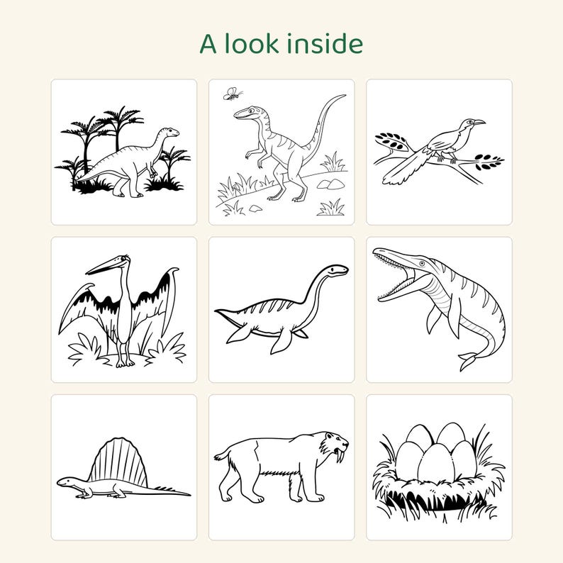 Puede incluir: Una p&aacute;gina para colorear titulada A look inside que presenta nueve ilustraciones en blanco y negro de criaturas prehist&oacute;ricas, incluyendo dinosaurios, un pterosaurio, un reptil marino, un tigre dientes de sable y un nido de huevos.