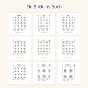 Puede incluir: Una colecci&oacute;n de nueve sopas de letras tituladas Ein Blick ins Buch, con cuadr&iacute;culas de tem&aacute;tica espacial que incluyen letras y listas de palabras para encontrar. Las hojas de actividades en blanco y negro muestran peque&ntilde;as ilustraciones de cohetes y planetas.