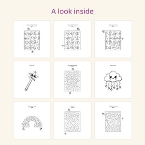 May include: A grid of nine white activity pages titled A look inside. The pages feature black line art mazes, a star wand, and a cloud with hanging hearts and stars. Each maze includes small character illustrations and text prompts.
