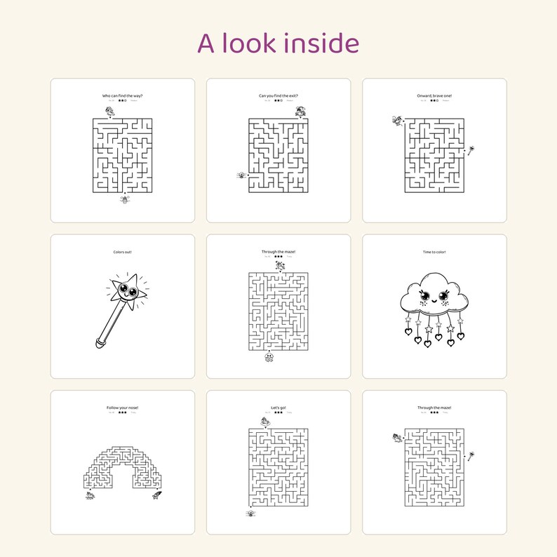 May include: A grid of nine white activity pages titled A look inside. The pages feature black line art mazes, a star wand, and a cloud with hanging hearts and stars. Each maze includes small character illustrations and text prompts.
