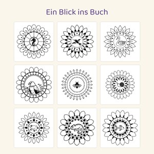 May include: A grid of nine circular black and white line art illustrations featuring a seahorse, hummingbird, swan, eagle, bee, snail, frog, chameleon, and fish, each framed by a floral mandala border. The text Ein Blick ins Buch is at the top.