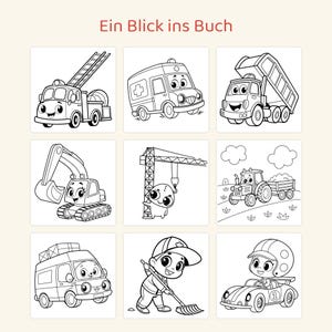 May include: A coloring book page titled Ein Blick ins Buch featuring nine black and white line art illustrations of vehicles and characters including a fire truck, ambulance, dump truck, excavator, crane, tractor, van, worker, and race car.