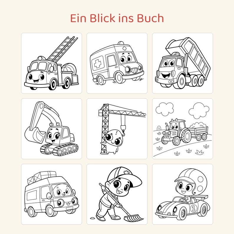 May include: A coloring book page titled Ein Blick ins Buch featuring nine black and white line art illustrations of vehicles and characters including a fire truck, ambulance, dump truck, excavator, crane, tractor, van, worker, and race car.