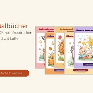 Puede incluir: Cinco libros de colorear digitales en formato PDF para imprimir en A4 y US Letter. Las portadas muestran ilustraciones estacionales que incluyen un reno, calabazas, un bast&oacute;n y fuegos artificiales con ni&ntilde;os.