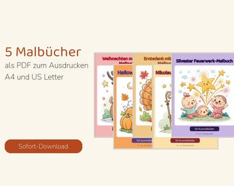 Puede incluir: Cinco libros de colorear digitales en formato PDF para imprimir en A4 y US Letter. Las portadas muestran ilustraciones estacionales que incluyen un reno, calabazas, un bastón y fuegos artificiales con niños.