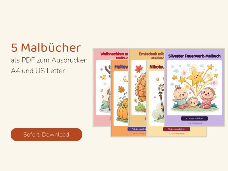 Puede incluir: Cinco libros de colorear digitales en formato PDF para imprimir en A4 y US Letter. Las portadas muestran ilustraciones estacionales que incluyen un reno, calabazas, un bast&oacute;n y fuegos artificiales con ni&ntilde;os.