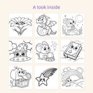 Puede incluir: Una p&aacute;gina de libro para colorear titulada A look inside con nueve ilustraciones de arte lineal en blanco y negro que incluyen un hada en una flor, un drag&oacute;n, una sirena, un sombrero de mago, un rat&oacute;n con una bola de cristal, un libro, un elefante, una estrella y un unicornio.