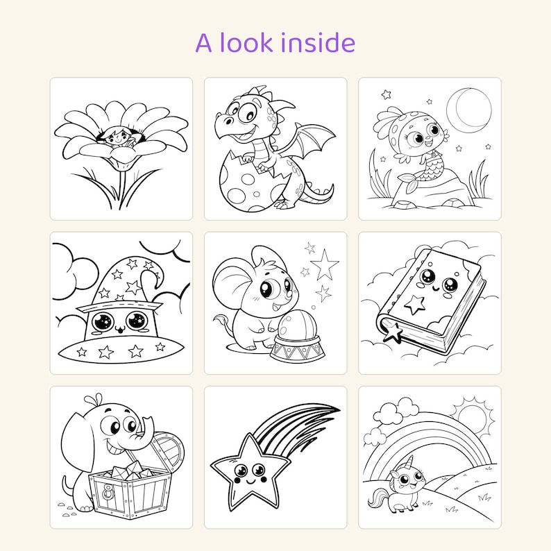 Puede incluir: Una p&aacute;gina de libro para colorear titulada A look inside con nueve ilustraciones de arte lineal en blanco y negro que incluyen un hada en una flor, un drag&oacute;n, una sirena, un sombrero de mago, un rat&oacute;n con una bola de cristal, un libro, un elefante, una estrella y un unicornio.