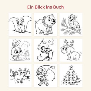 May include: A coloring book page titled Ein Blick ins Buch featuring nine black and white line art illustrations of winter and holiday characters including a deer, a bear in a scarf, an owl, a rabbit with a snowman, a mouse in a stocking, a dog, a reindeer, Santa Claus, and a decorated Christmas tree.