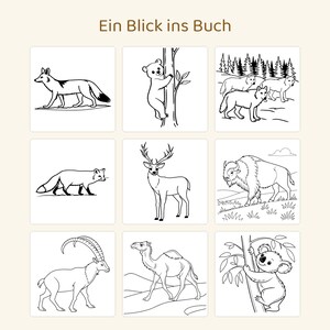 May include: A coloring book page titled Ein Blick ins Buch featuring nine black and white line art illustrations of animals including a fox, a bear climbing a tree, wolves, a deer, a bison, an ibex, a camel, and a koala in a tree.