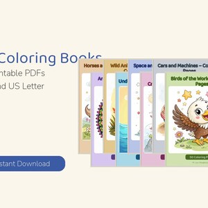 Puede incluir: Un conjunto de 10 libros para colorear en PDF imprimibles en tamaños A4 y US Letter. Las portadas muestran ilustraciones coloridas que incluyen un águila, espacio, coches y animales. El texto dice 10 Coloring Books as printable PDFs.