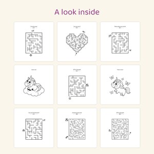 May include: A grid of nine activity pages titled A look inside, featuring black and white line art. The pages contain various mazes, a unicorn sitting on a cloud, and a unicorn surrounded by butterflies, with text prompts above each activity.