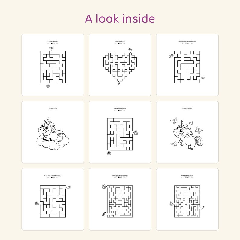 May include: A grid of nine activity pages titled A look inside, featuring black and white line art. The pages contain various mazes, a unicorn sitting on a cloud, and a unicorn surrounded by butterflies, with text prompts above each activity.