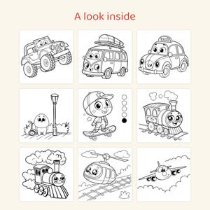Puede incluir: Una p&aacute;gina de libro para colorear titulada A look inside con nueve ilustraciones en blanco y negro de veh&iacute;culos y personajes de dibujos animados, incluyendo un jeep, una furgoneta, un taxi, un tren, un helic&oacute;ptero, un avi&oacute;n y un patinador.