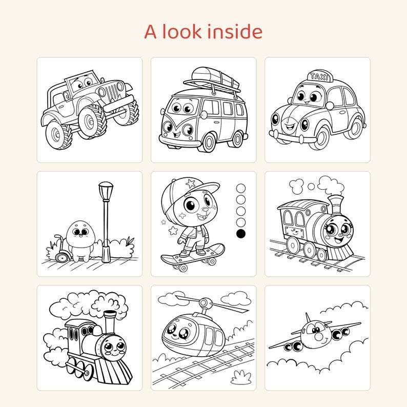 Puede incluir: Una p&aacute;gina de libro para colorear titulada A look inside con nueve ilustraciones en blanco y negro de veh&iacute;culos y personajes de dibujos animados, incluyendo un jeep, una furgoneta, un taxi, un tren, un helic&oacute;ptero, un avi&oacute;n y un patinador.