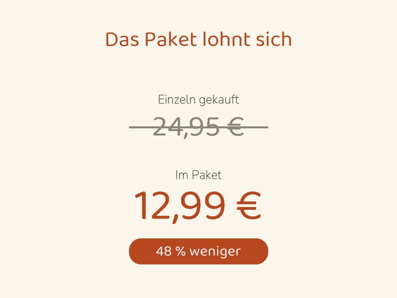 Puede incluir: Una pantalla gr&aacute;fica con el texto Das Paket lohnt sich. Muestra un precio tachado de 24,95 &euro;, un precio de paquete de 12,99 &euro; y un bot&oacute;n con la etiqueta 48 % weniger. El texto es marr&oacute;n y gris sobre un fondo crema claro.