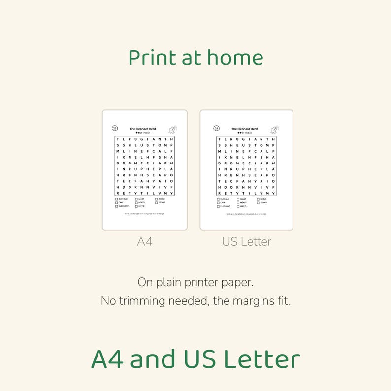 May include: Two printable word search puzzle sheets titled The Elephant Herd, displayed side-by-side as A4 and US Letter formats. The black and white pages feature a grid of letters, a list of words to find, and a small elephant icon at the top.