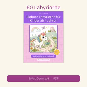 May include: A puzzle book titled 60 Labyrinthe, Einhorn Labyrinthe f&uuml;r Kinder ab 4 Jahren, Labyrinthe und Malspa&szlig;, M. von Wedelstaedt. The cover features a white unicorn, a rainbow, a castle, and flowers on a light pink background.