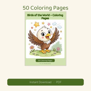 Puede incluir: Una portada de libro para colorear digital titulada 50 Coloring Pages Birds of the World con un águila de dibujos animados con alas marrones y cabeza blanca sobre hierba verde con flores, estrellas y nubes. El texto M. von Wedelstaedt está debajo.