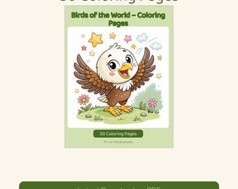 May include: A digital coloring book cover titled 50 Coloring Pages Birds of the World featuring a cartoon eagle with brown wings and a white head standing on green grass with flowers, stars, and clouds. The text M. von Wedelstaedt is below.
