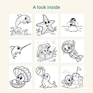 May include: A coloring book page titled A look inside featuring nine black and white line art illustrations of sea creatures and beach scenes including a dolphin, starfish, mermaid, swordfish, treasure chest, diver, shell, seal, and sandcastle.