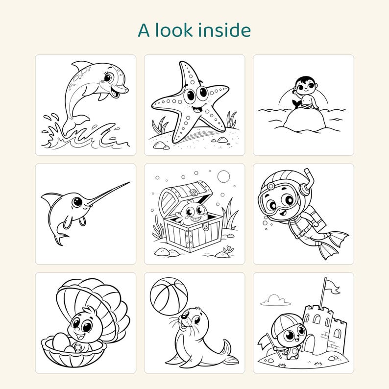 May include: A coloring book page titled A look inside featuring nine black and white line art illustrations of sea creatures and beach scenes including a dolphin, starfish, mermaid, swordfish, treasure chest, diver, shell, seal, and sandcastle.