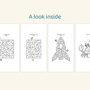 May include: Four vertical panels showing activity pages. The first three feature black and white mazes with text reading Puzzle time!, Onward, brave one!, and Follow your nose!. The fourth panel shows a line drawing of a crab with text Colors on!.