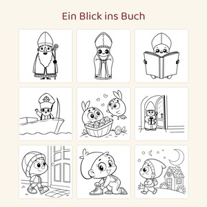May include: A coloring page titled Ein Blick ins Buch featuring nine black and white line art illustrations of a saintly figure, birds with eggs, and a child in various scenes including a boat, a doorway, and a house at night.
