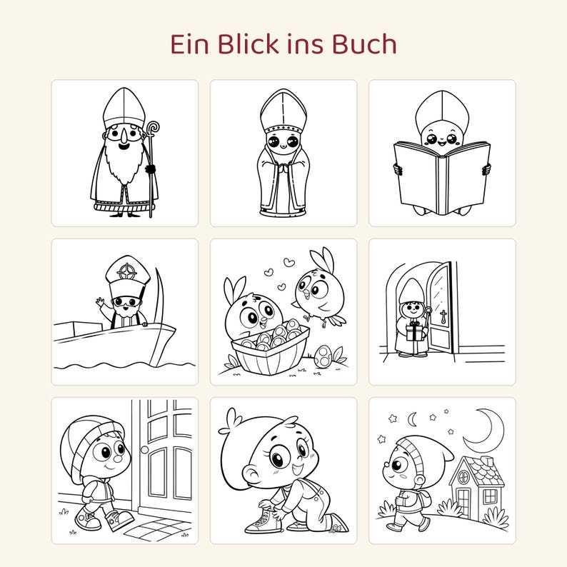 May include: A coloring page titled Ein Blick ins Buch featuring nine black and white line art illustrations of a saintly figure, birds with eggs, and a child in various scenes including a boat, a doorway, and a house at night.