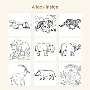 May include: A grid of nine black and white line art illustrations of wild animals with the text A look inside at the top. The animals include a lion, tiger, cheetah, elephant with calf, rhinoceros, buffalo, gazelle, warthog, and meerkat.