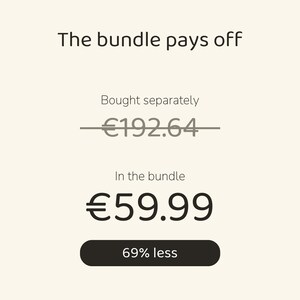 May include: A graphic display with the text The bundle pays off. It shows a crossed-out price of &euro;192.64 labeled Bought separately, a price of &euro;59.99 labeled In the bundle, and a black button containing the text 69% less.