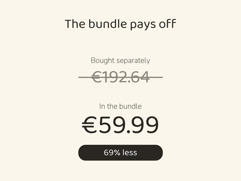 May include: A graphic display with the text The bundle pays off. It shows a crossed-out price of &euro;192.64 labeled Bought separately, a price of &euro;59.99 labeled In the bundle, and a black button containing the text 69% less.