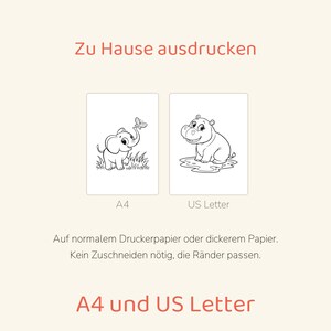 May include: Two printable coloring pages featuring black and white line art. One page shows an elephant with a butterfly, labeled A4. The other shows a hippo in a puddle, labeled US Letter. Text includes Zu Hause ausdrucken and A4 und US Letter.