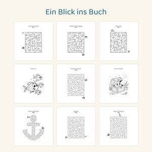 May include: A collection of nine black and white activity pages titled Ein Blick ins Buch, featuring various mazes, a group of four fish, and a treasure chest with a creature inside, all presented in a grid layout on a light background.