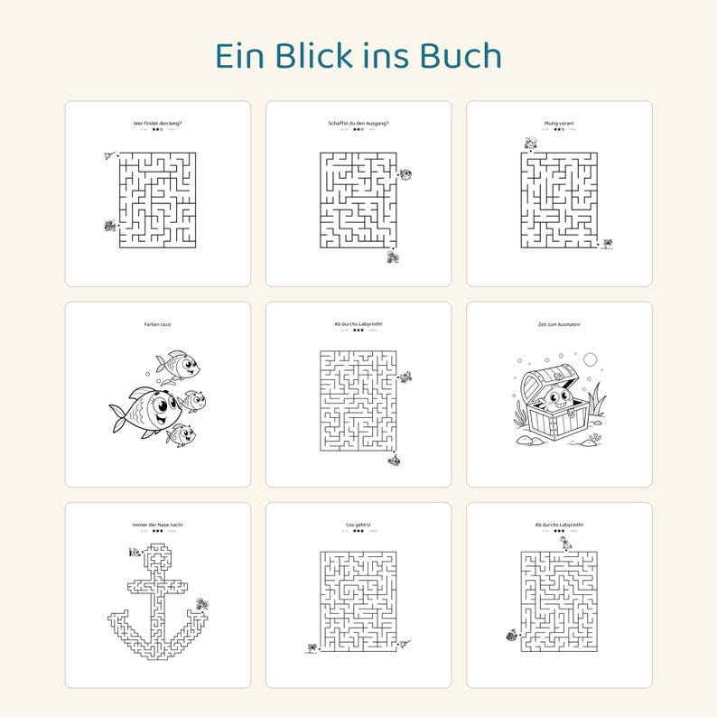 May include: A collection of nine black and white activity pages titled Ein Blick ins Buch, featuring various mazes, a group of four fish, and a treasure chest with a creature inside, all presented in a grid layout on a light background.