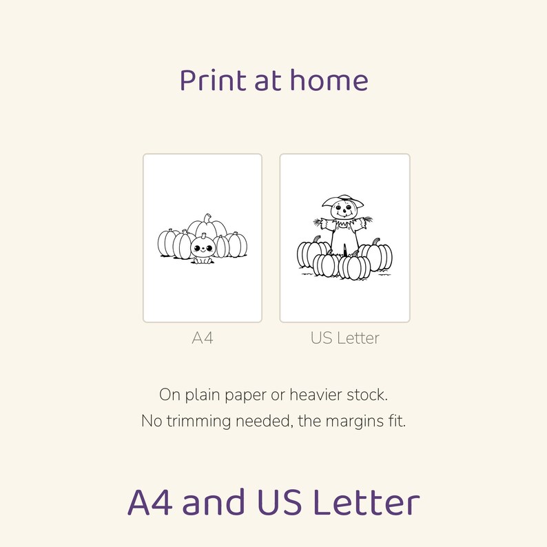 May include: A digital printable file featuring two black and white coloring pages. One page shows a small pumpkin character among pumpkins, labeled A4. The other shows a scarecrow among pumpkins, labeled US Letter. Text reads Print at home.