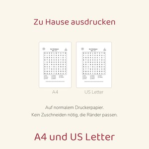 May include: Two identical word search puzzle sheets titled Der Christbaum, featuring a grid of letters and a list of words to find. The text includes Zu Hause ausdrucken, A4, US Letter, and Auf normalem Druckerpapier. Kein Zuschneiden n&ouml;tig, die R&auml;nder passen.