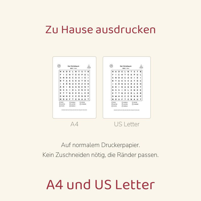 May include: Two identical word search puzzle sheets titled Der Christbaum, featuring a grid of letters and a list of words to find. The text includes Zu Hause ausdrucken, A4, US Letter, and Auf normalem Druckerpapier. Kein Zuschneiden n&ouml;tig, die R&auml;nder passen.