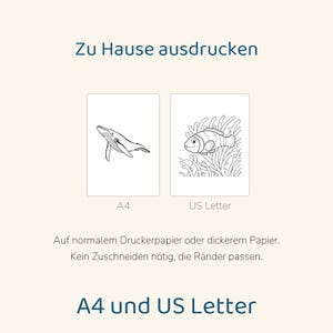 May include: Two printable colouring pages featuring a whale and a clownfish in coral. The text reads: Zu Hause ausdrucken, A4, US Letter, Auf normalem Druckerpapier oder dickerem Papier. Kein Zuschneiden n&ouml;tig, die R&auml;nder passen. A4 und US Letter.