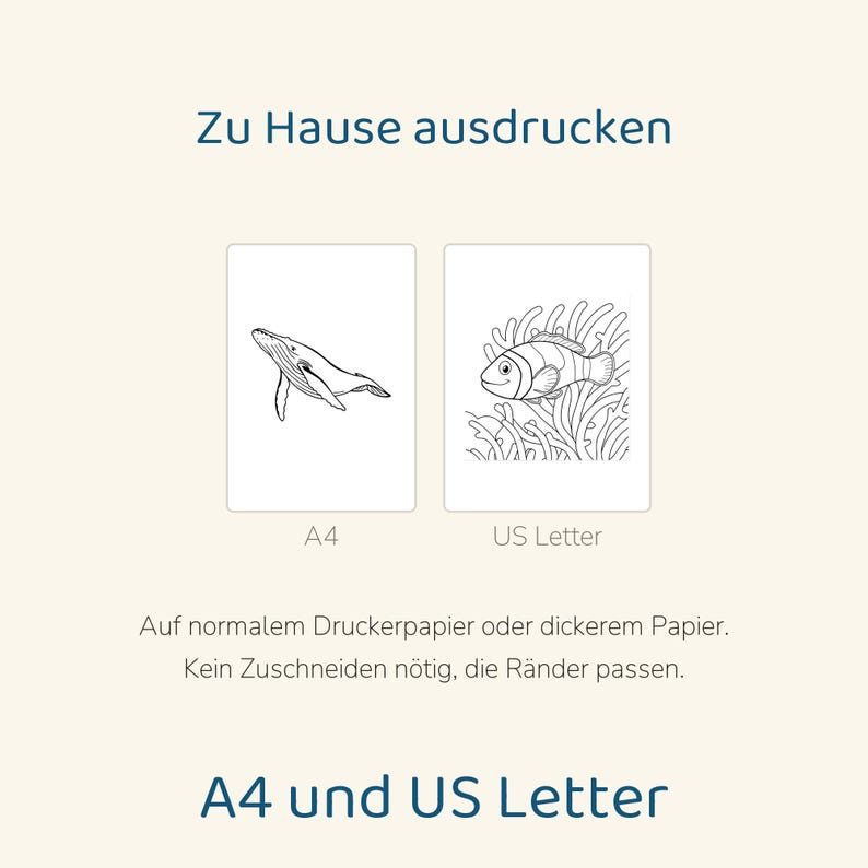 May include: Two printable colouring pages featuring a whale and a clownfish in coral. The text reads: Zu Hause ausdrucken, A4, US Letter, Auf normalem Druckerpapier oder dickerem Papier. Kein Zuschneiden n&ouml;tig, die R&auml;nder passen. A4 und US Letter.