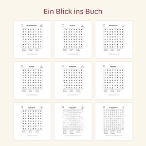 May include: A collection of nine word search puzzles on white pages with the German title Ein Blick ins Buch. Each grid contains black letters and a list of words to find, featuring themes like Christmas, baking, and winter activities.