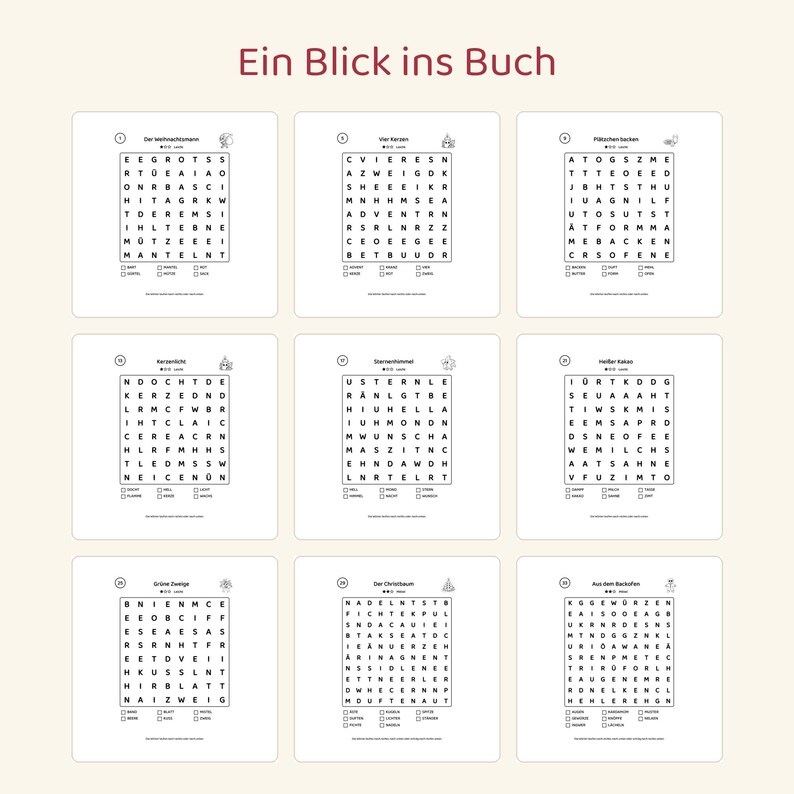 May include: A collection of nine word search puzzles on white pages with the German title Ein Blick ins Buch. Each grid contains black letters and a list of words to find, featuring themes like Christmas, baking, and winter activities.