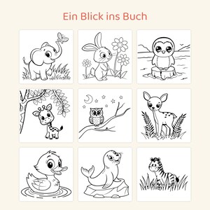May include: A coloring book page titled Ein Blick ins Buch featuring nine black and white line art illustrations of animals including an elephant, rabbit, penguin, giraffe, owl, deer, duck, seal, and zebra in a grid layout.