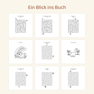 Puede incluir: Una cuadr&iacute;cula de nueve cuadrados blancos con dibujos de l&iacute;neas en blanco y negro. La colecci&oacute;n incluye seis laberintos rectangulares con peque&ntilde;as ilustraciones de dinosaurios y tres cuadrados con dibujos individuales de dinosaurios y texto en alem&aacute;n.