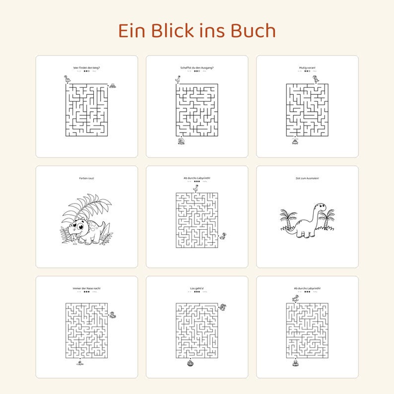 Puede incluir: Una cuadr&iacute;cula de nueve cuadrados blancos con dibujos de l&iacute;neas en blanco y negro. La colecci&oacute;n incluye seis laberintos rectangulares con peque&ntilde;as ilustraciones de dinosaurios y tres cuadrados con dibujos individuales de dinosaurios y texto en alem&aacute;n.