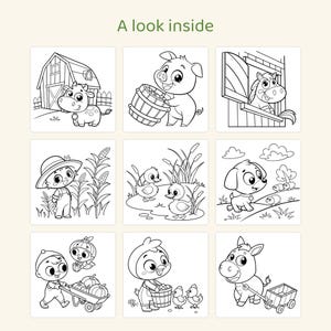 May include: A coloring page titled A look inside featuring nine black and white line art illustrations of farm animals and children, including a cow, pig, horse, ducklings, puppy, and children harvesting pumpkins and tending to chickens.