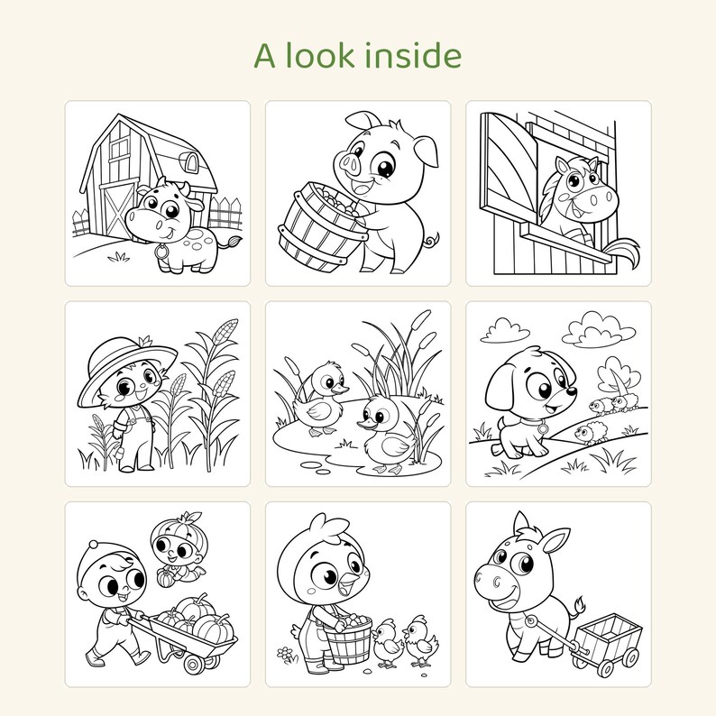 May include: A coloring page titled A look inside featuring nine black and white line art illustrations of farm animals and children, including a cow, pig, horse, ducklings, puppy, and children harvesting pumpkins and tending to chickens.