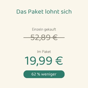 May include: A graphic display on a light background with the text Das Paket lohnt sich. It shows a crossed-out price of 52,89 &euro;, a bundle price of 19,99 &euro;, and a green button with the text 62 % weniger, indicating a price comparison.