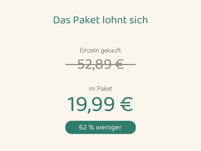 May include: A graphic display on a light background with the text Das Paket lohnt sich. It shows a crossed-out price of 52,89 &euro;, a bundle price of 19,99 &euro;, and a green button with the text 62 % weniger, indicating a price comparison.